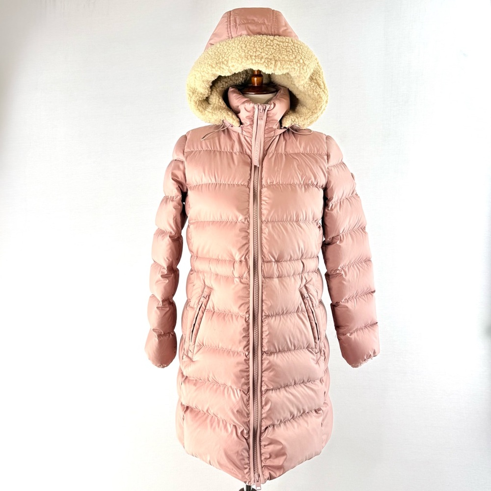COACH Warm Pink Down Fill Hooded Long Slim Puffer Coat